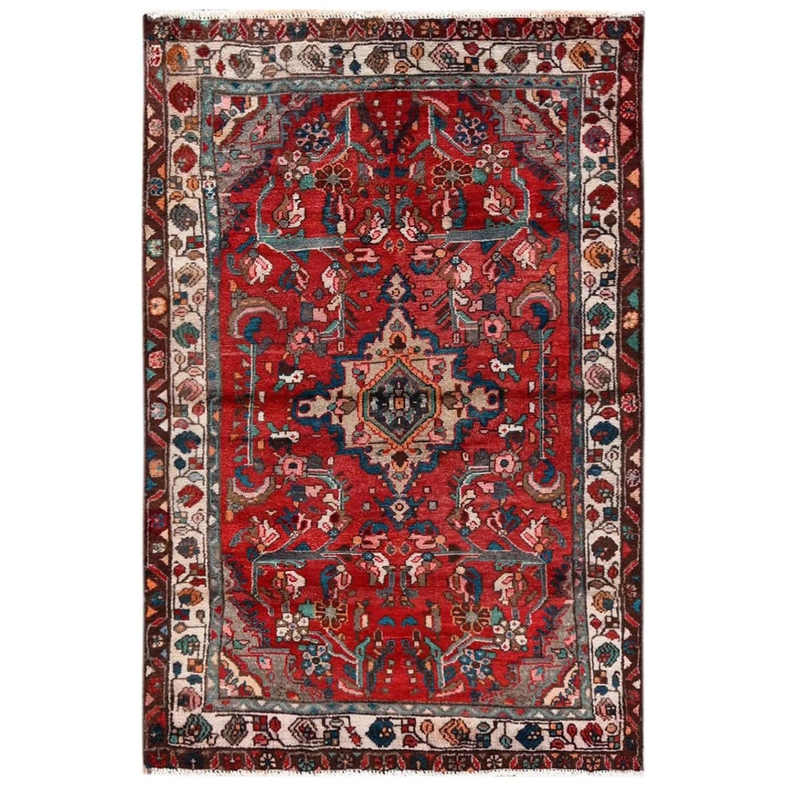 3'2"x4'9" Red Vintage Zoroastrian Medallion Design Hand Knotted Wool Rug: 3'2"x4'9" Red Vintage Zoroastrian Medallion Design Hand Knotted Wool Rug The 3'2"x4'9" Red Vintage Zoroastrian Medallion Design Hand Knotted Wool Rug boasts an intricate medallion pattern in a rich re