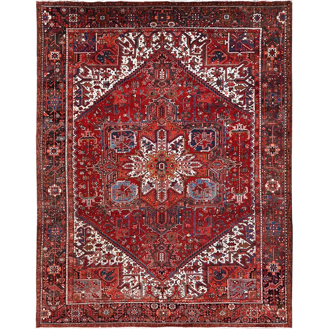 10'1"x12'9" Red Semi Antique Zoroastrian Heris Pure Wool Hand Knotted Rug: 10'1"x12'9" Red Semi Antique Zoroastrian Heris Pure Wool Hand Knotted Rug This stunning Red Semi Antique Zoroastrian Heris Pure Wool Hand Knotted Rug boasts an impressive rectangular field with intric