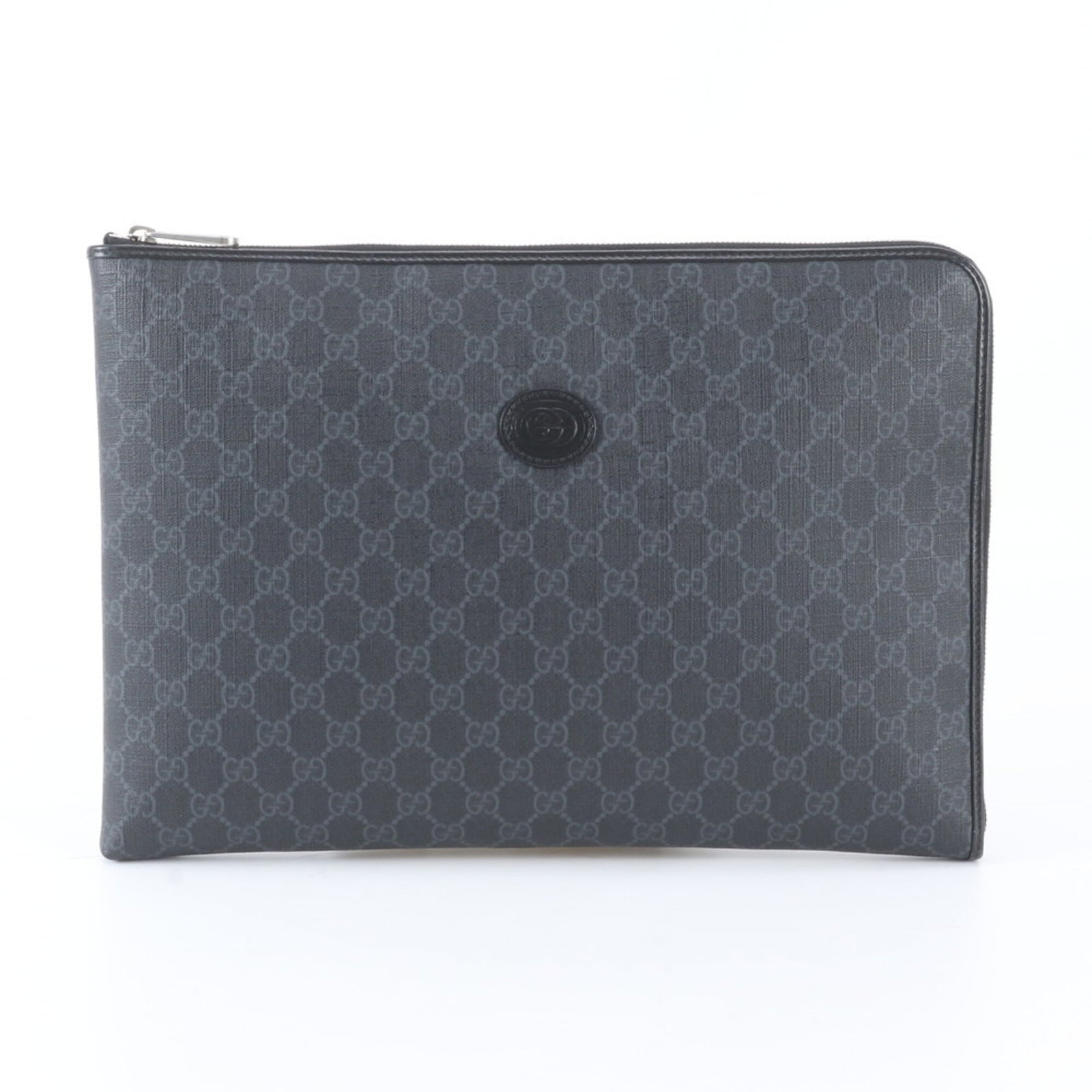 Supreme Handbag Gg Pouch Clutch Bag Gucci: Supreme Handbag Gg Pouch Clutch Bag Gucci Black GG Supreme clutch bag with a sleek design, measuring 26cm x 37cm x 2cm. This Italian-made Gucci pouch features the iconic GG Supreme pattern and is craf