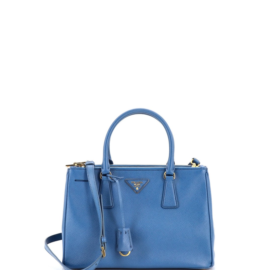 Prada Double Zip Lux Tote Saffiano Leather Small: Prada Double Zip Lux Tote Saffiano Leather Small The Prada Double Zip Lux Tote Saffiano Leather Small boasts sleek, sophisticated design with its blue exterior and gold hardware. This versatile tote f