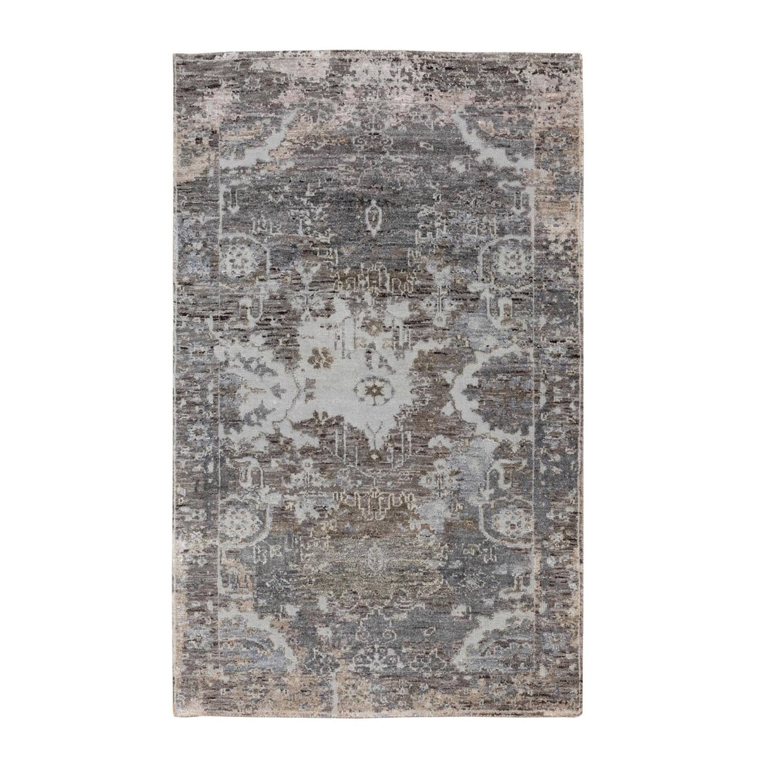 3'x4'10" Gray Erased Design Wool And Silk Hand Knotted Rug: 3'x4'10" Gray Erased Design Wool And Silk Hand Knotted Rug Gray Erased Design Wool and Silk Hand Knotted Rug, measuring 91 CM x 147 CM, boasts an abstract design type with a rectangular field shape.