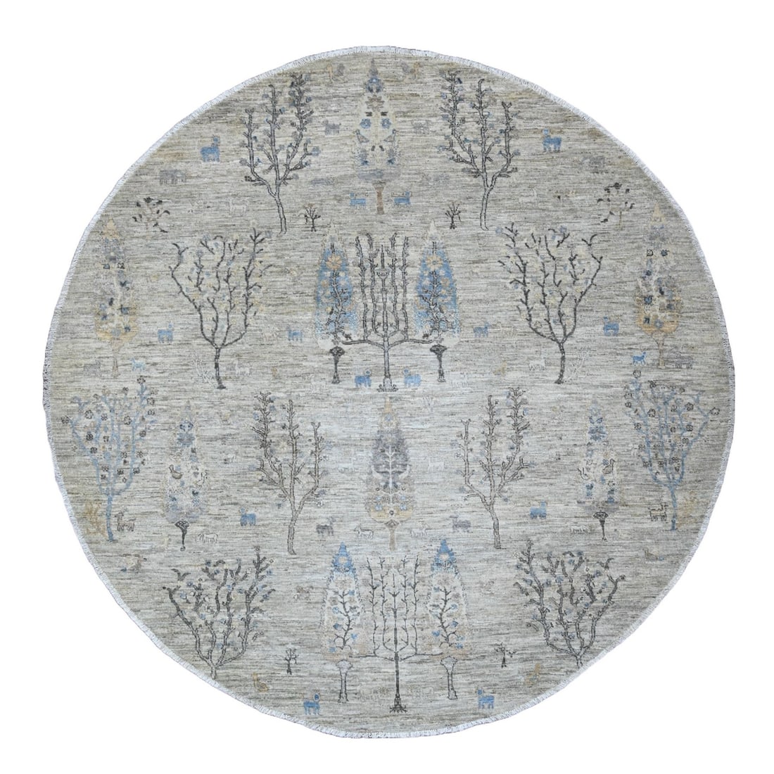 8'x8' Oyster Gray Peshawar Tree Design Hand Knotted 100% Wool Round Rug: 8'x8' Oyster Gray Peshawar Tree Design Hand Knotted 100% Wool Round Rug The Peshawar Tree Design Hand Knotted Wool Round Rug boasts an elegant Oyster Gray color and intricate design, showcasing the