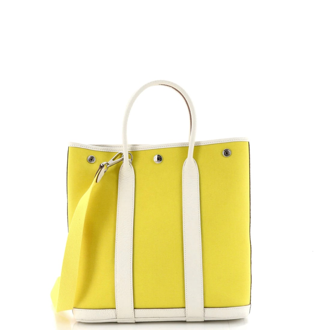 Toile Leather File Tote Garden Hermes 28: Toile Leather File Tote Garden Hermes 28 The Hermes Garden File Tote Toile and Leather 28 features a striking yellow exterior with minor scuffs and corner wear, while the interior remains pristine in