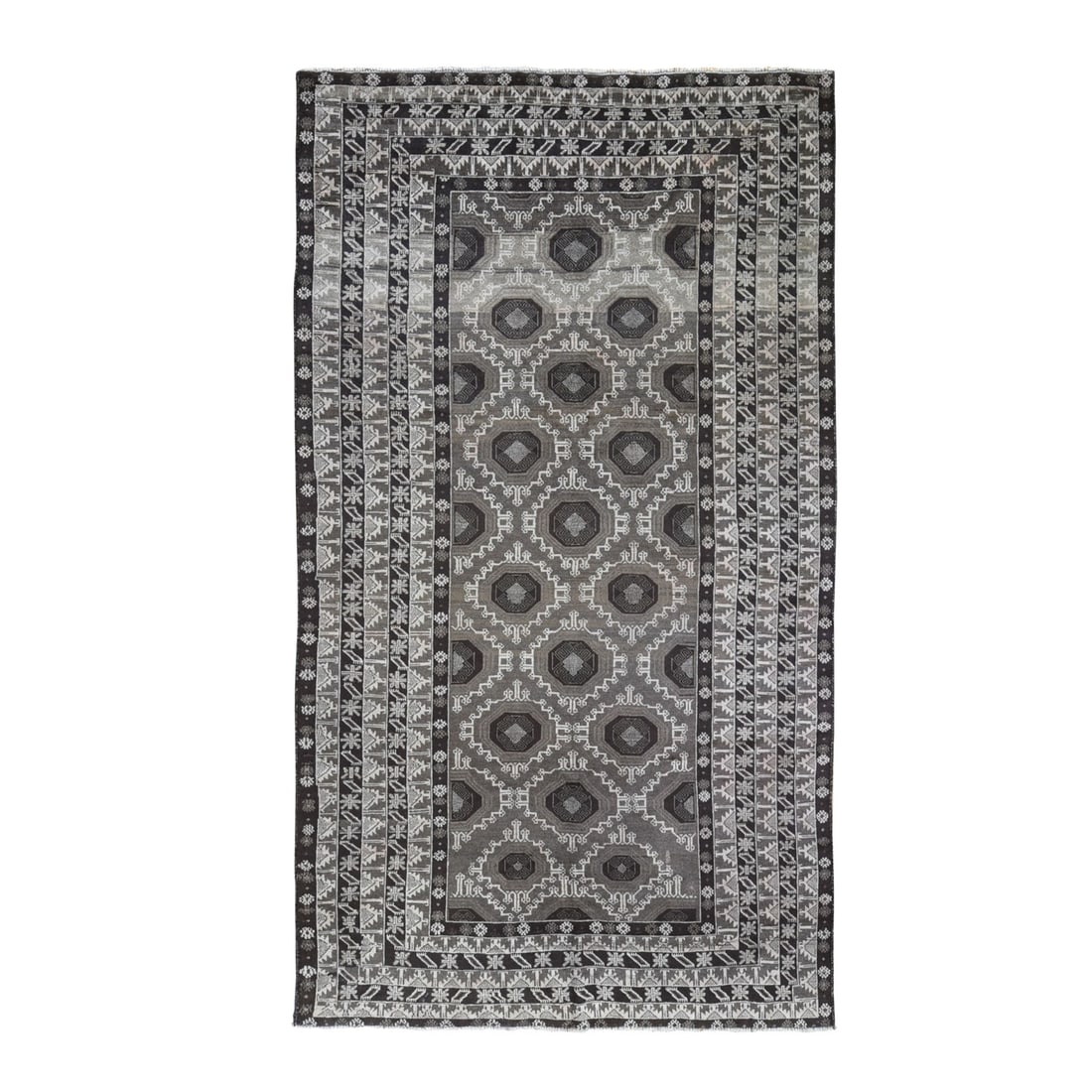 5'8"x9'10" Silver and Charcoal Black Washed Pure Wool Hand Knotted Rug: 5'8"x9'10" Silver and Charcoal Black Washed Pure Wool Hand Knotted Rug Silver and charcoal black washed pure wool hand knotted rug boasts an elegant, rectangular field with a rich brown color. The