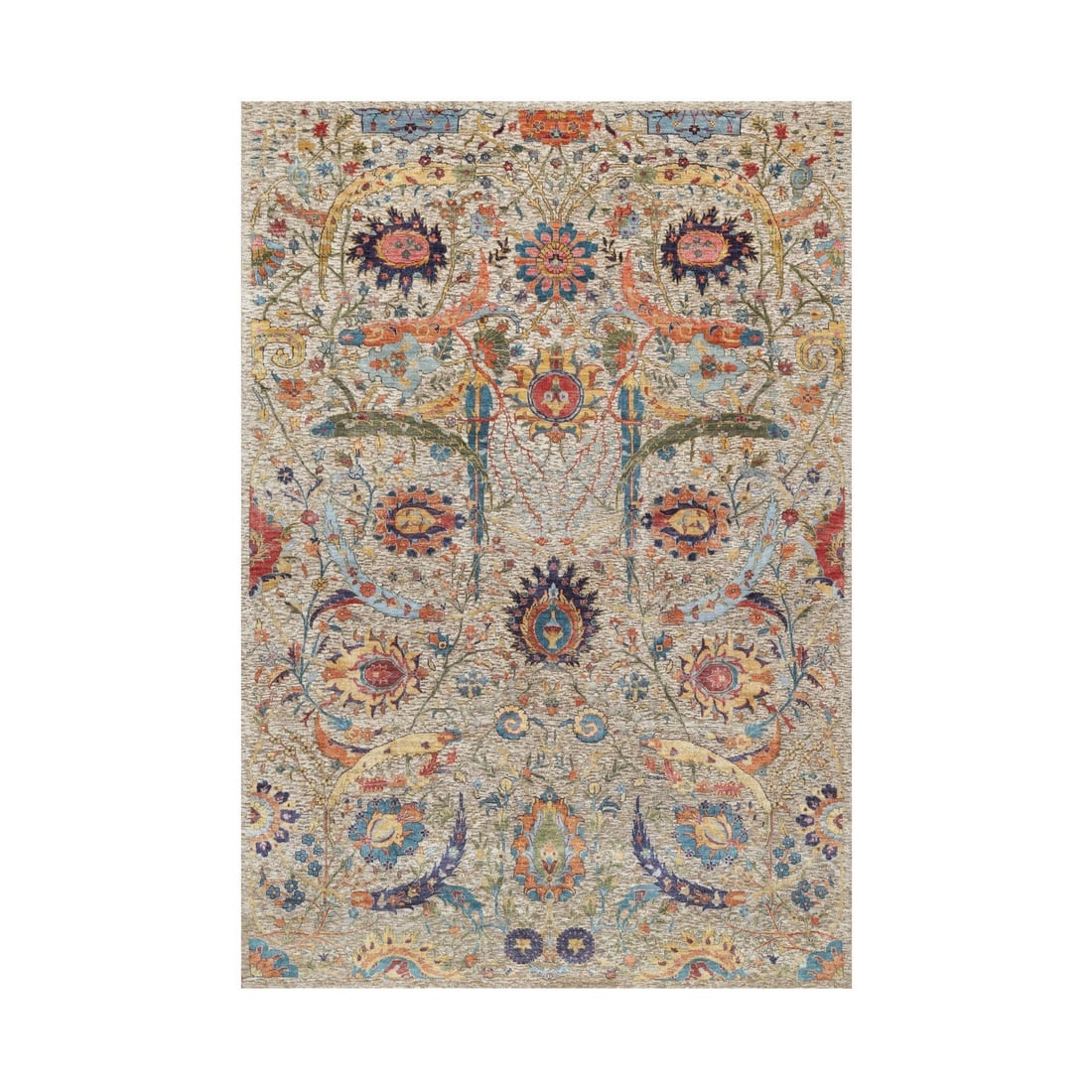 6'3"x9'1" Beige Silk Textured Wool Sickle Leaf Design Hand Knotted Rug: 6'3"x9'1" Beige Silk Textured Wool Sickle Leaf Design Hand Knotted Rug The 6'3"x9'1" Beige Silk Textured Wool Sickle Leaf Design Hand Knotted Rug boasts an impressive rectangular field with a subtle b