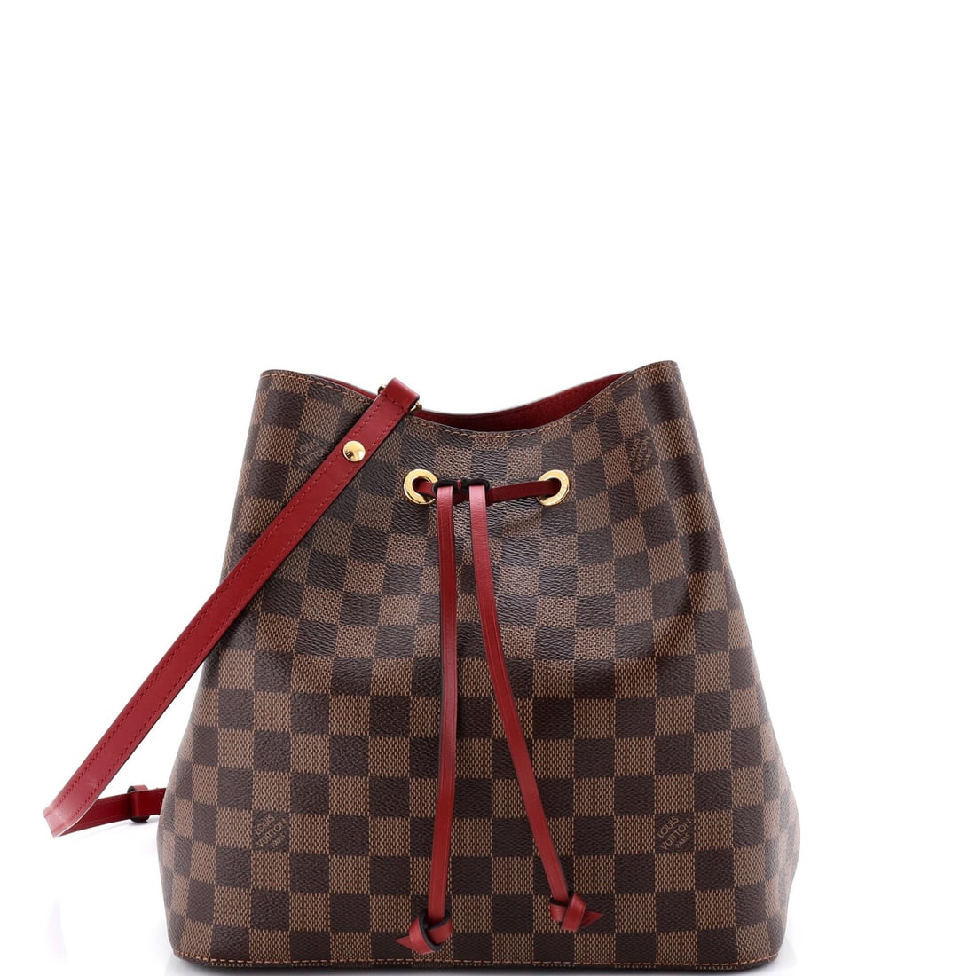 Louis Vuitton NeoNoe Handbag Damier with Leather MM: Louis Vuitton NeoNoe Handbag Damier with Leather MM The Louis Vuitton NeoNoe Handbag Damier with Leather MM boasts a classic brown canvas exterior adorned with iconic Damier patterns, complemented by