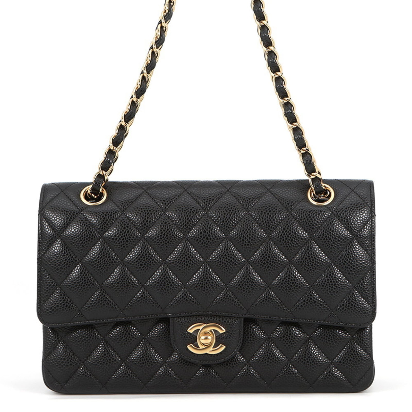 Chanel Handbag Shoulder Bag Grained Calfskin: Chanel Handbag Shoulder Bag Grained Calfskin Chanel's iconic shoulder bag features a timeless design in black grained calfskin, crafted with precision and attention to detail. Measuring 16cm x 25cm x
