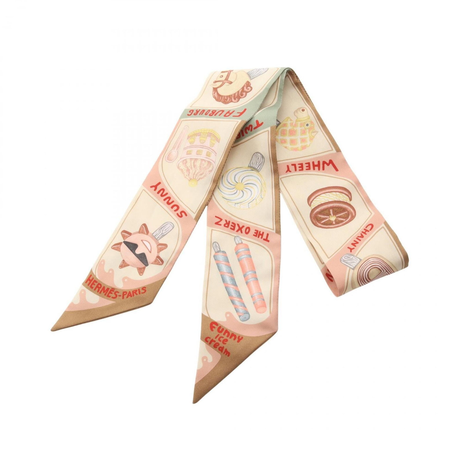 Hermes silk scarf: Hermes silk scarf Silk Twilly scarf from the iconic French fashion house, featuring a classic cream and ivory color scheme with multi-color accents. Made from high-quality silk, this compact scarf mea
