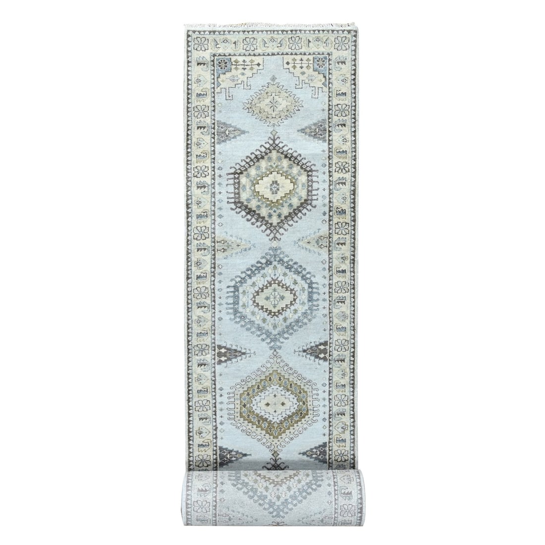 2'9"x21'9" Gray Zoroastrian Village Inspired Wool Hand Knotted Runner Rug: 2'9"x21'9" Gray Zoroastrian Village Inspired Wool Hand Knotted Runner Rug The Zoroastrian Village Inspired Wool Hand Knotted Runner Rug boasts an impressive size, measuring 2'9"x21'9" in a stunning gr