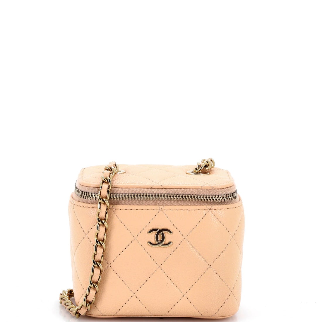 Chanel Classic Vanity Case with Chain Quilted Caviar Mini: Chanel Classic Vanity Case with Chain Quilted Caviar Mini The Chanel Classic Vanity Case with Chain Quilted Caviar Mini boasts a timeless design, featuring neutral exterior and interior hues, compleme