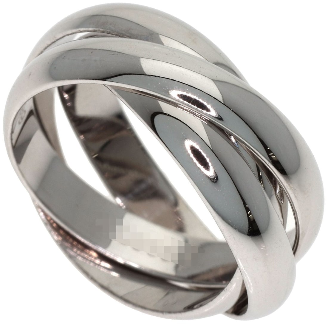 White gold ring K18 Cartier #50 Trinity: White gold ring K18 Cartier #50 Trinity K18 Cartier #50 Trinity ring in white gold, featuring the signature of its creator. This elegant silver-toned ring boasts the iconic Cartier design, crafted fro