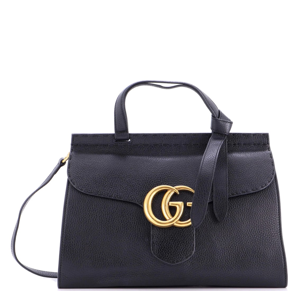 Marmont Leather Small Gucci GG Top Handle Bag: Marmont Leather Small Gucci GG Top Handle Bag The Marmont Leather Small Gucci GG Top Handle Bag boasts sleek black leather exterior with aged gold hardware, adding an air of sophistication to its clas