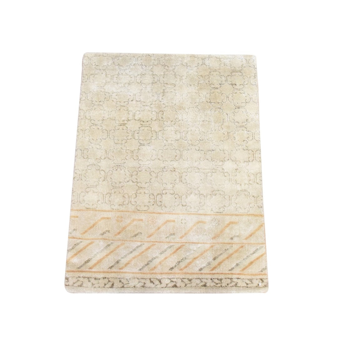 2'1"x3' Ivory Khotan Design Silk Hand Knotted Mat Oriental Rug: 2'1"x3' Ivory Khotan Design Silk Hand Knotted Mat Oriental Rug This stunning Ivory Khotan Design Silk Hand Knotted Mat Oriental Rug boasts an all-over regional design in ivory, complemented by subtle 