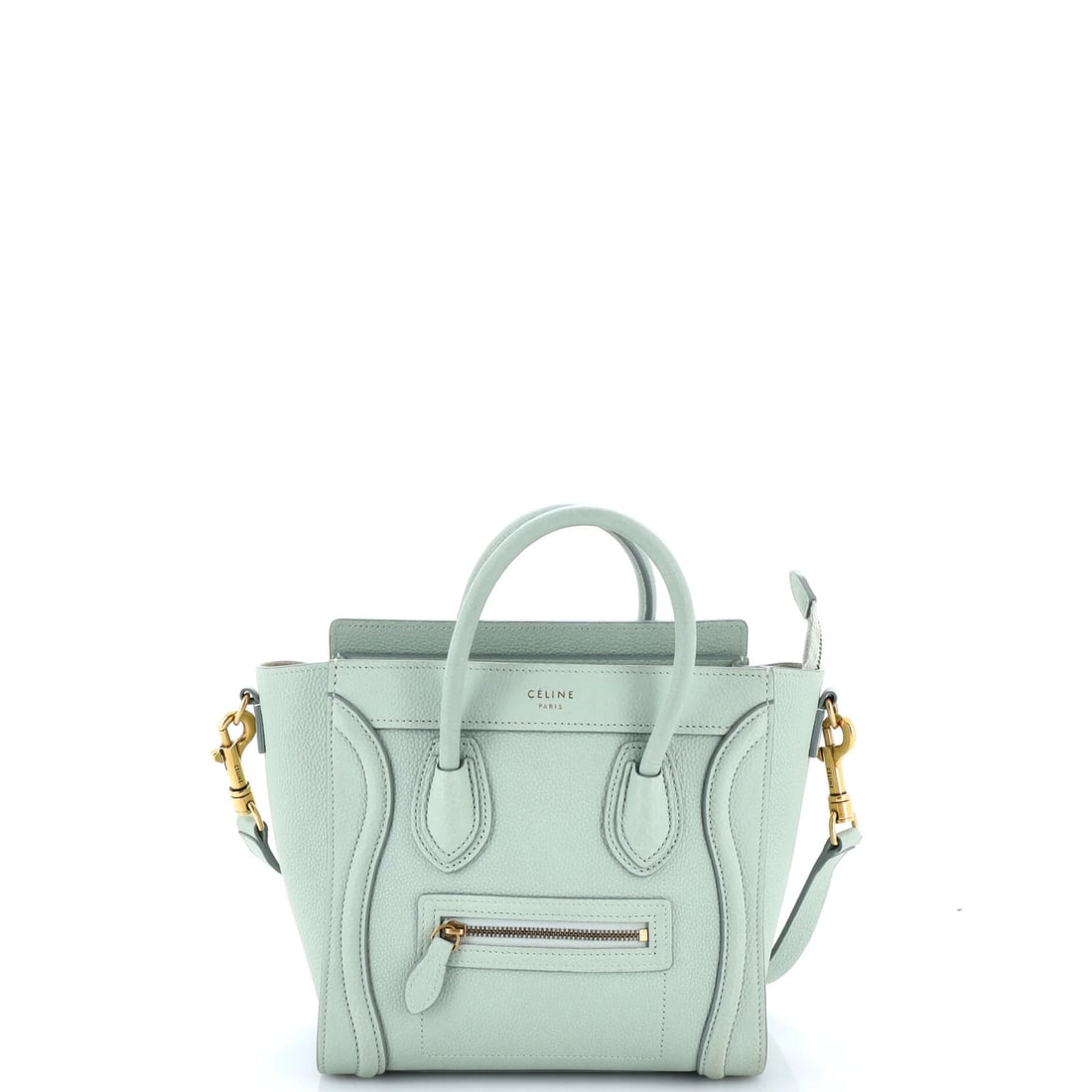Celine Luggage Bag Grainy Leather Nano: Celine Luggage Bag Grainy Leather Nano The Celine Luggage Bag Grainy Leather Nano boasts a striking green exterior with grainy leather texture, complemented by suede interior and aged gold hardware. M