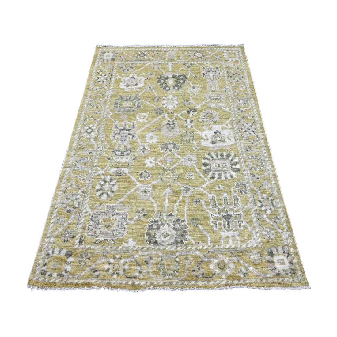 4'1"x6'1" Green Angora Oushak All Over Leaf Design Hand Knotted Wool Rug: 4'1"x6'1" Green Angora Oushak All Over Leaf Design Hand Knotted Wool Rug Small but striking, this hand-knotted Oushak rug boasts an all-over leaf design in vibrant green hues against a rectangular fie