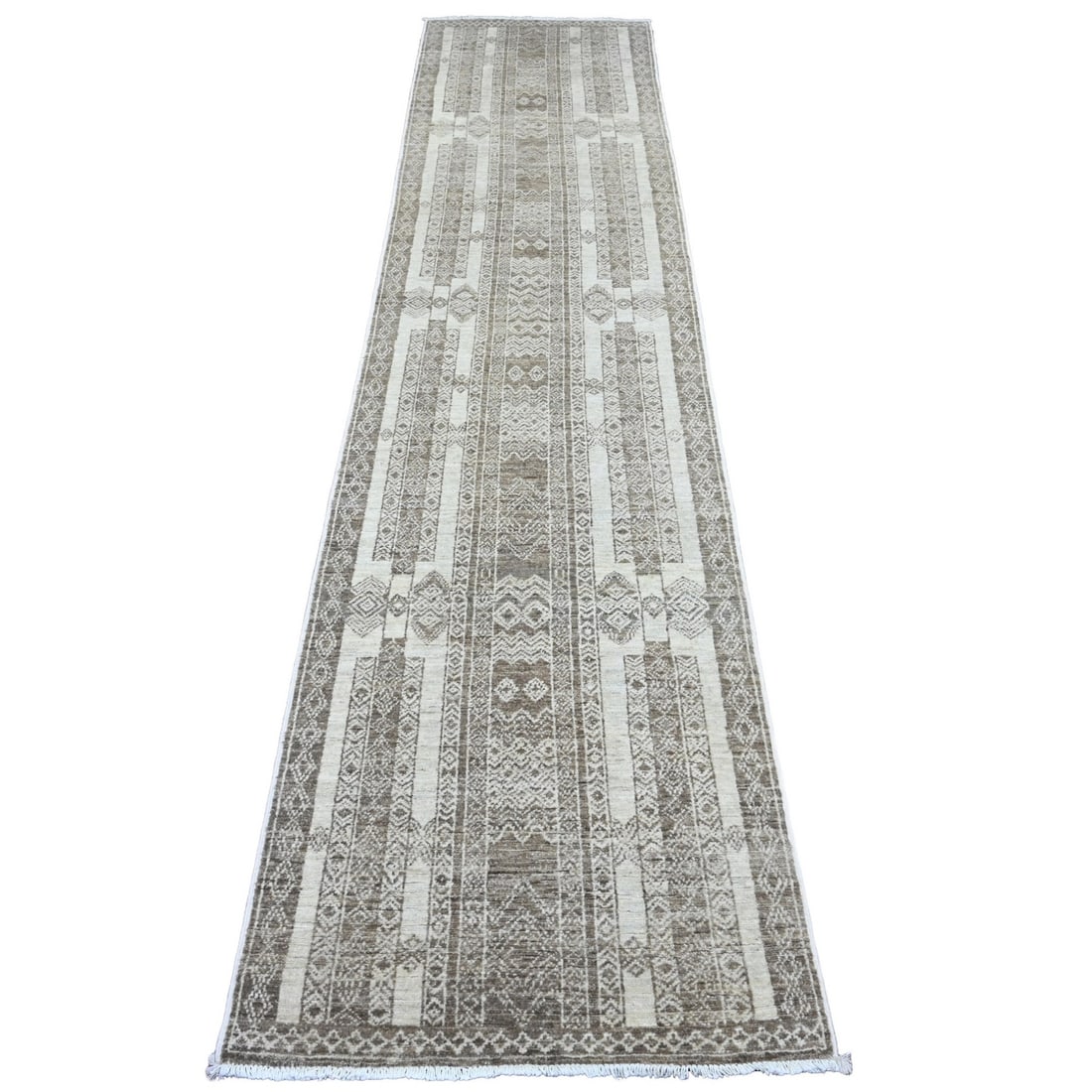 2'6"x11'6" Brown Geometric Berber Influence Wool Hand Knotted Runner Rug: 2'6"x11'6" Brown Geometric Berber Influence Wool Hand Knotted Runner Rug Brown Geometric Berber Influence Wool Hand Knotted Runner Rug boasts a unique blend of Moroccan style and Afghan craftsmanship,