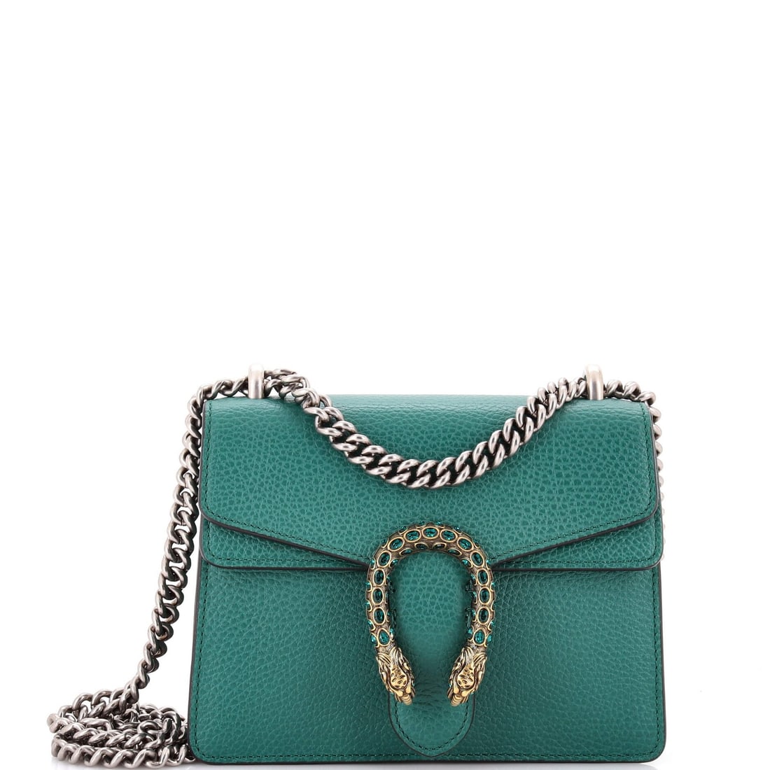 Dionysus bag leather mini Gucci: Dionysus bag leather mini Gucci Green Dionysus bag leather mini Gucci with minor scuffs, creases, and edge wear on the exterior, featuring aged gold hardware. The interior boasts neutral fabric with m
