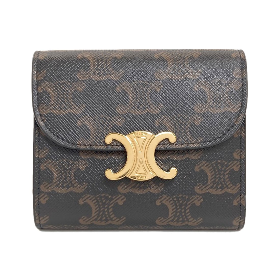 Celine Triomphe Flap Tri-Fold Bifold Wallet With Coin Pocket Pvc: Celine Triomphe Flap Tri-Fold Bifold Wallet With Coin Pocket Pvc Brown Celine Triomphe Flap Tri-Fold Bifold Wallet With Coin Pocket PVC. This bifold wallet features a coin pocket and is made from PVC 