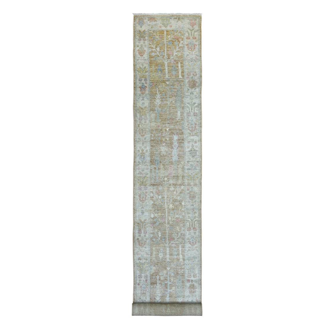 9"X19" Wool Hand Knotted Almond Brown Angora Oushak XL Runner Rug: 9"X19" Wool Hand Knotted Almond Brown Angora Oushak XL Runner Rug 9"X19" Wool Hand Knotted Almond Brown Angora Oushak XL Runner Rug - A stunning Afghan-style hand-knotted wool rug with a rich almond b
