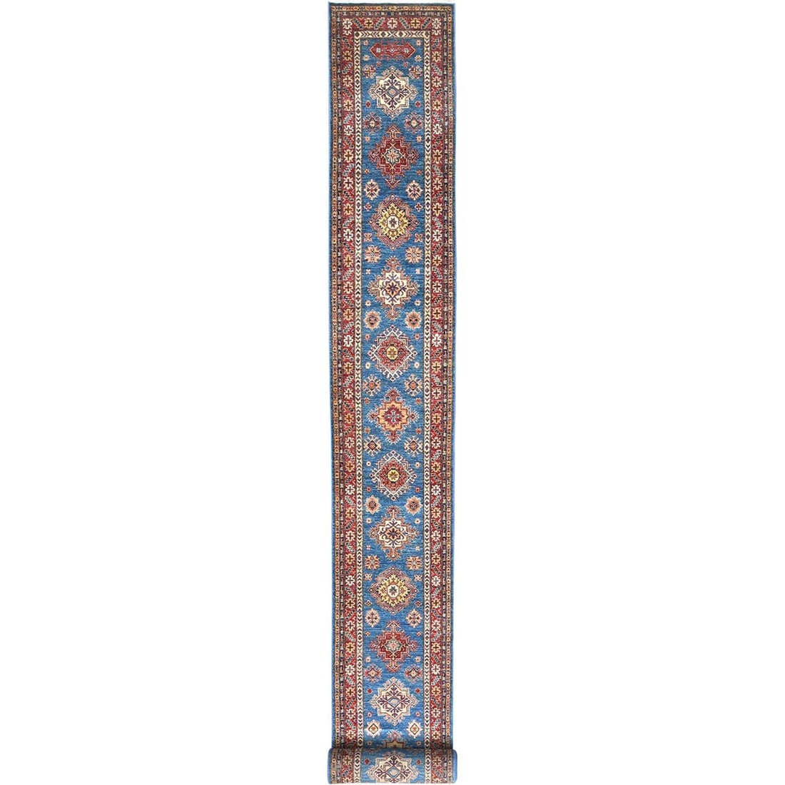2'8"x34' Denim Blue Wool Hand Knotted Afghan Super Kazak XL Runner Rug: 2'8"x34' Denim Blue Wool Hand Knotted Afghan Super Kazak XL Runner Rug Denim blue wool hand knotted Afghan Super Kazak XL runner rug boasts an impressive 34' length, making it a statement piece for an