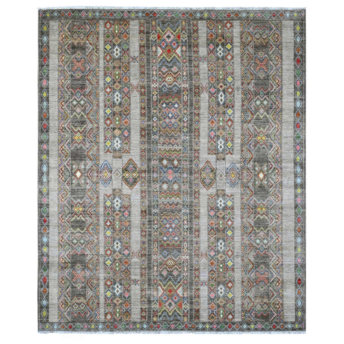 8'1"x9'6" Gray Geometric Design, Berber Influence Wool Hand Knotted Rug: 8'1"x9'6" Gray Geometric Design, Berber Influence Wool Hand Knotted Rug The 8'1"x9'6" Gray Geometric Design, Berber Influence Wool Hand Knotted Rug boasts a striking geometric pattern in a soothing gr