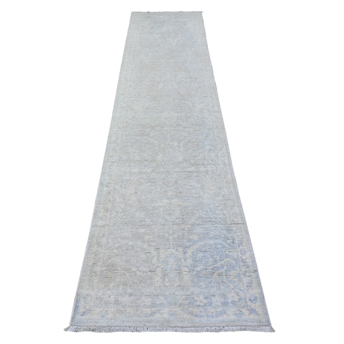 Peshawar Hand Knotted Gray 2'6"x11'7" White 100% Wool Runner Rug: Peshawar Hand Knotted Gray 2'6"x11'7" White 100% Wool Runner Rug Hand-knotted in Afghanistan, this stunning Peshawar-style gray wool runner rug boasts an intricate oriental design and a classic shape.