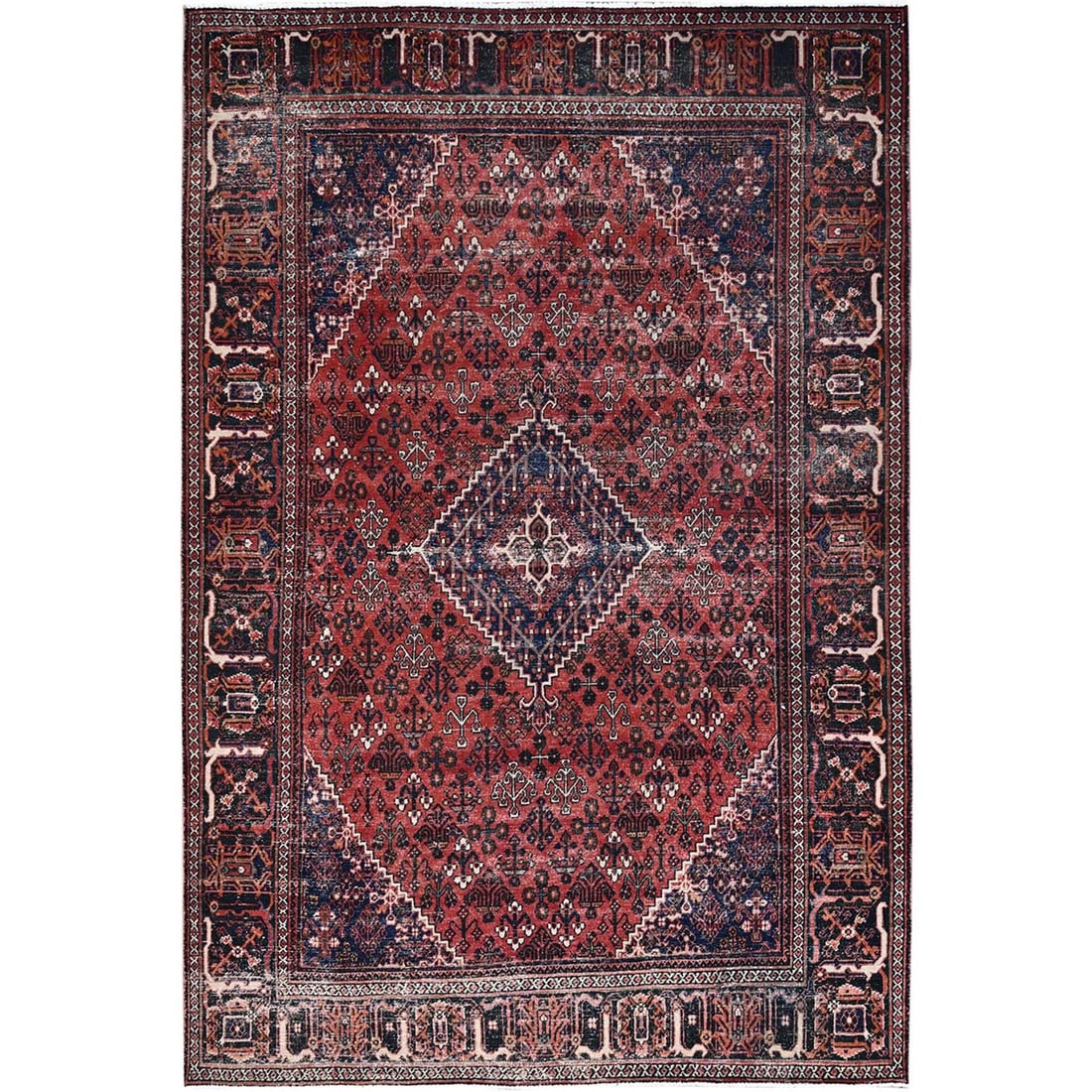 6'9"x10'0" Red Vintage Soft Wool Zoroastrian Joshagan Oriental Rug: 6'9"x10'0" Red Vintage Soft Wool Zoroastrian Joshagan Oriental Rug The 6'9"x10'0" Red Vintage Soft Wool Zoroastrian Joshagan Oriental Rug boasts an impressive rectangular field with a rich red color, 