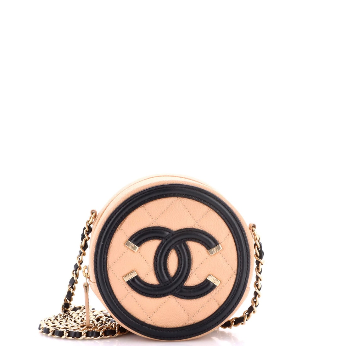 Round clutch chain quilted caviar mini by Chanel: Round clutch chain quilted caviar mini by Chanel Round Clutch with Chain Quilted Caviar Mini by Chanel. This stylish mini bag features a neutral exterior, chain quilted design, and gold tone hardware.