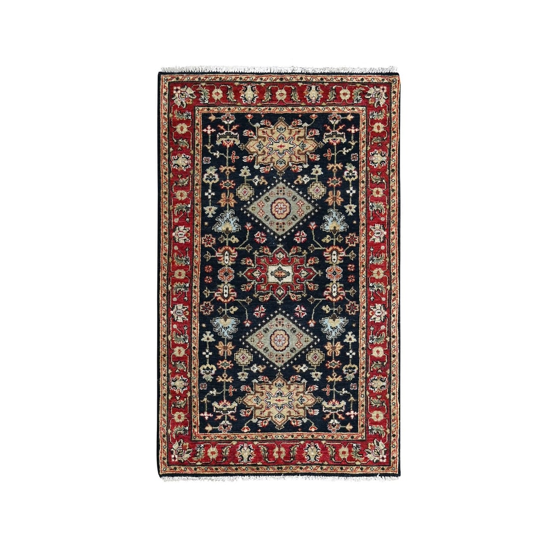 Karjihooz Design Denim Black Natural Wool Hand Knotted Oriental Rug: Karjihooz Design Denim Black Natural Wool Hand Knotted Oriental Rug Hand-knotted with natural wool, this Karjihooz Design Denim Black Oriental rug boasts a striking black field with cream-colored acce
