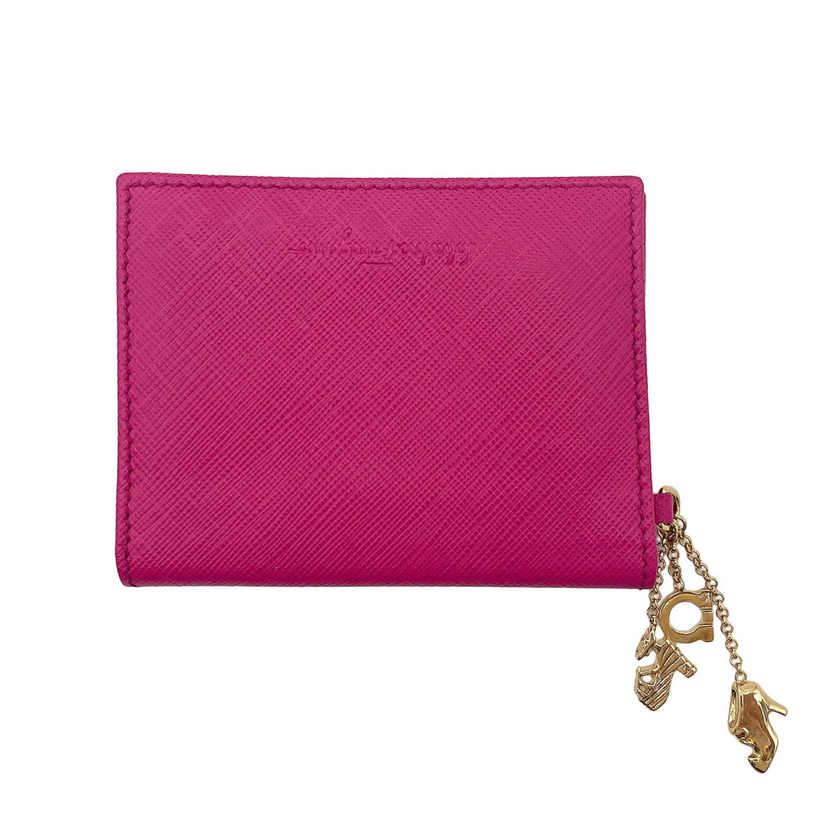 Card case leather by Salvatore Ferragamo: Card case leather by Salvatore Ferragamo This pink embossed leather card case by Salvatore Ferragamo measures 7.5cm x 10cm x 5mm, offering a stylish and compact way to carry essentials. The luxurious 