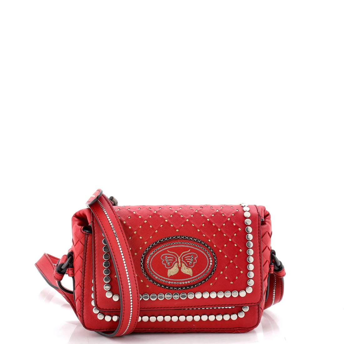 Flap crossbody bag studded leather with intrecciato detail small: Flap crossbody bag studded leather with intrecciato detail small Studded leather and intrecciato detail add an edgy touch to this small crossbody bag, featuring a classic flap design. The exterior