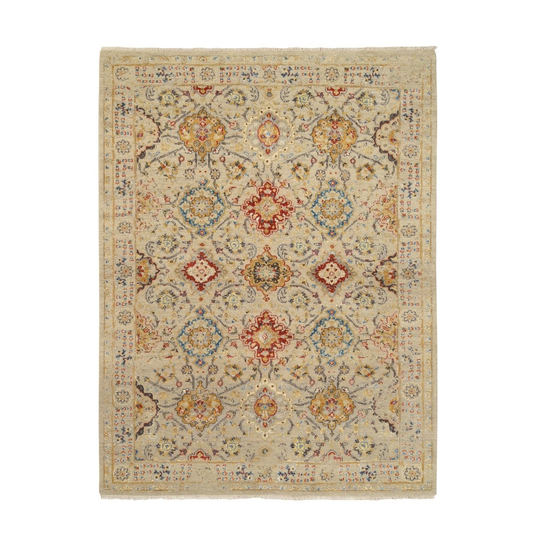 5'2"x7' Beige Hand Knotted Wool and Pure Silk Oriental Rug: 5'2"x7' Beige Hand Knotted Wool and Pure Silk Oriental Rug Hand-knotted in wool and pure silk, this stunning 5'2"x7' beige Oriental rug boasts an intricate design that adds warmth and elegance to any 