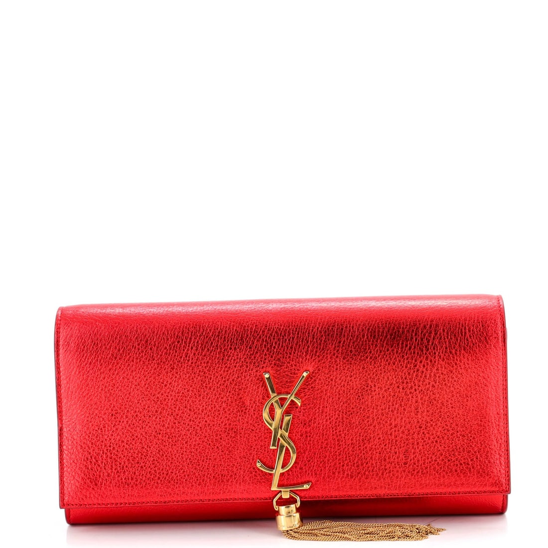 Laurent Saint Long Leather Monogram Clutch Classic Tassel: Laurent Saint Long Leather Monogram Clutch Classic Tassel Red Saint Laurent leather monogram tassel clutch with classic design, featuring heavy cracking on the base and scuffs. The interior has minor 