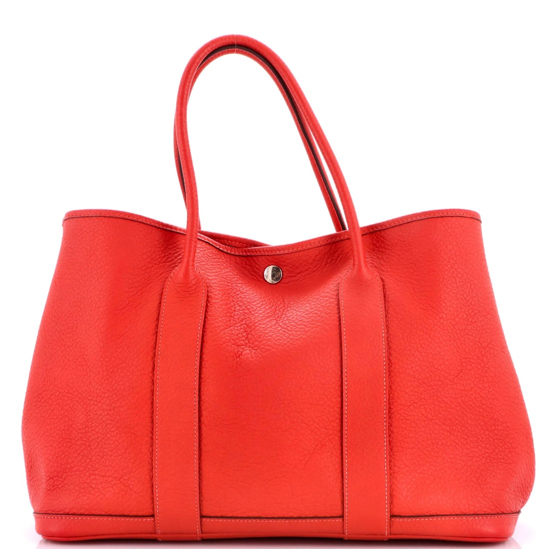Hermes Garden Party Tote Leather 36: Hermes Garden Party Tote Leather 36 Touched-up base corners and opening edge, creases, minor scuffs, and minor edge wear characterize this Hermes Garden Party Tote Leather 36. The exterior red leather