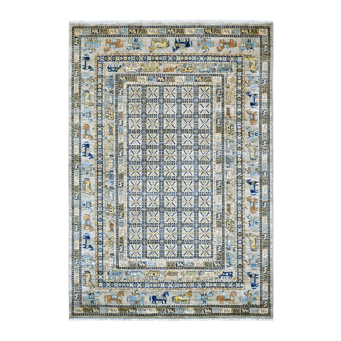 6'1"x8'8" Spanish Gray Peshawar with Pazyryk Design Hand Knotted Wool Rug: 6'1"x8'8" Spanish Gray Peshawar with Pazyryk Design Hand Knotted Wool Rug 6'1"x8'8" Spanish Gray Peshawar with Pazyryk Design Hand Knotted Wool Rug boasts a stunning grey color and rectangular field s