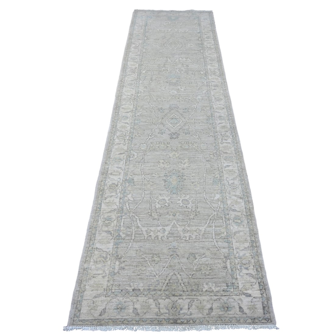 2'8"x10' Gray Washed Out Peshawar Leaf Motif Hand Knotted Wool Runner Rug: 2'8"x10' Gray Washed Out Peshawar Leaf Motif Hand Knotted Wool Runner Rug This stunning hand-knotted wool runner rug boasts an intricate gray washed out Peshawar leaf motif, expertly woven in a tradit