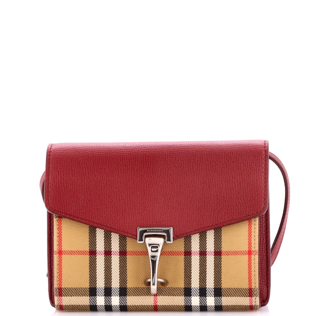 Vintage Leather Check Baby Canvas Crossbody Macken Burberry: Vintage Leather Check Baby Canvas Crossbody Macken Burberry Red canvas and plain leather crossbody bag with vintage check design from Burberry's Macken collection, featuring a classic baby style with