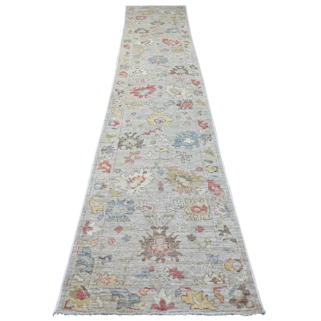 Light Gray Angora Oushak Leaf Design Hand Knotted Wool Runner Rug: Light Gray Angora Oushak Leaf Design Hand Knotted Wool Runner Rug Light Gray Angora Oushak Leaf Design Hand Knotted Wool Runner Rug features a stunning floral pattern in shades of grey, yellow, red, a