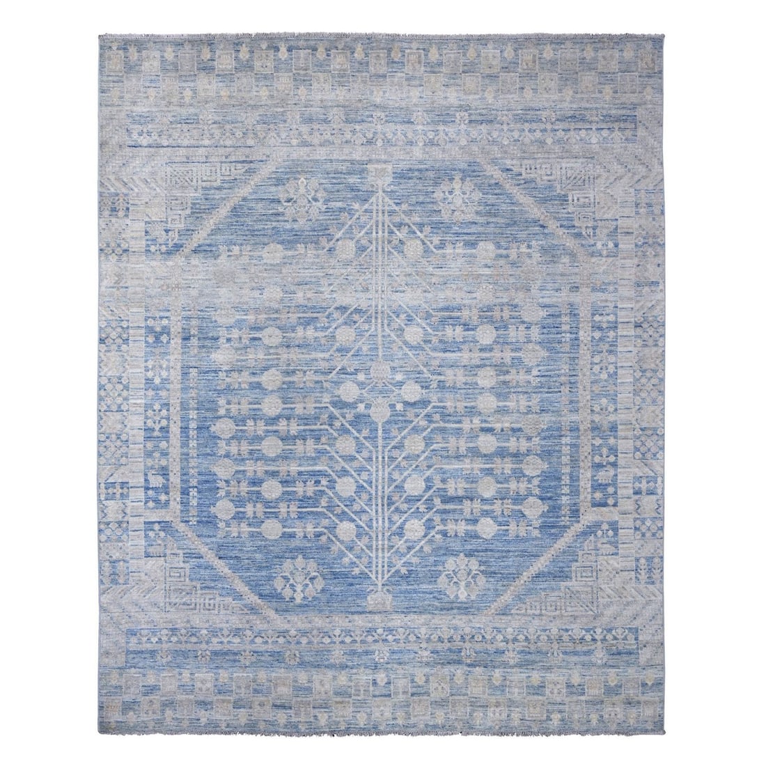 8'x9'9" Blue Peshawar Khotan with Pomegranate Design Hand Knotted Wool Rug: 8'x9'9" Blue Peshawar Khotan with Pomegranate Design Hand Knotted Wool Rug Blue Peshawar Khotan with Pomegranate Design Hand Knotted Wool Rug, measuring 117" x 96" in a stunning blue field with an all