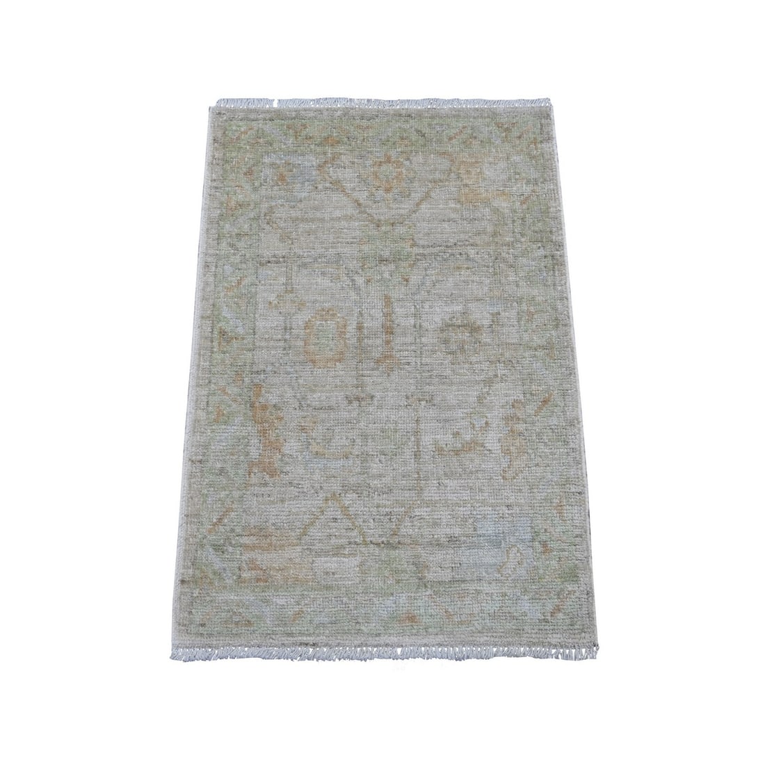2'x3' Light Gray Wool Afghan Angora Oushak Hand Knotted Mat Oriental Rug: 2'x3' Light Gray Wool Afghan Angora Oushak Hand Knotted Mat Oriental Rug Light Gray Wool Afghan Angora Oushak Hand Knotted Mat Oriental Rug features a beautiful floral pattern in shades of grey, brown