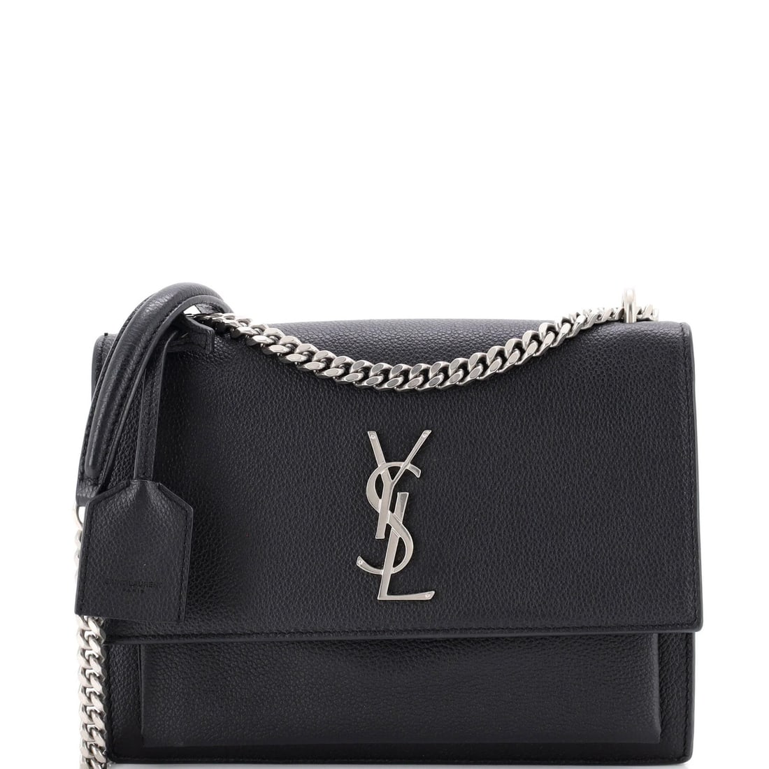 Saint Laurent Crossbody Bag Leather Medium Sunset: Saint Laurent Crossbody Bag Leather Medium Sunset Black leather crossbody bag with silver hardware, featuring a medium size and sunset design. The bag has minor corner wear and creases on the exterior
