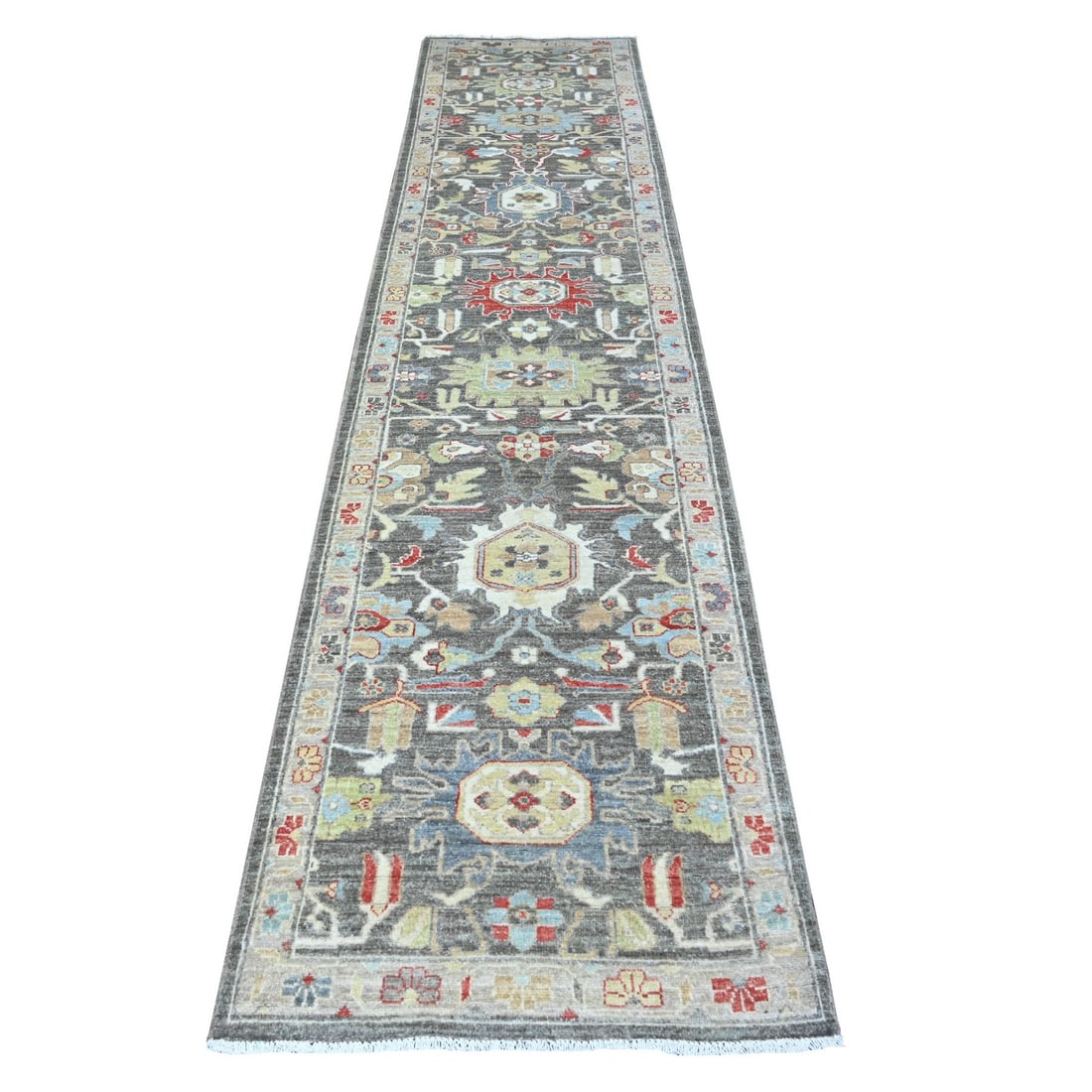 2'8"x11'10" Jet Gray Hand Knotted Pure Wool Fine Peshawar Runner Rug: 2'8"x11'10" Jet Gray Hand Knotted Pure Wool Fine Peshawar Runner Rug The Jet Gray Hand Knotted Pure Wool Fine Peshawar Runner Rug boasts an impressive size, measuring 2'8" x 11'10", and features a stu