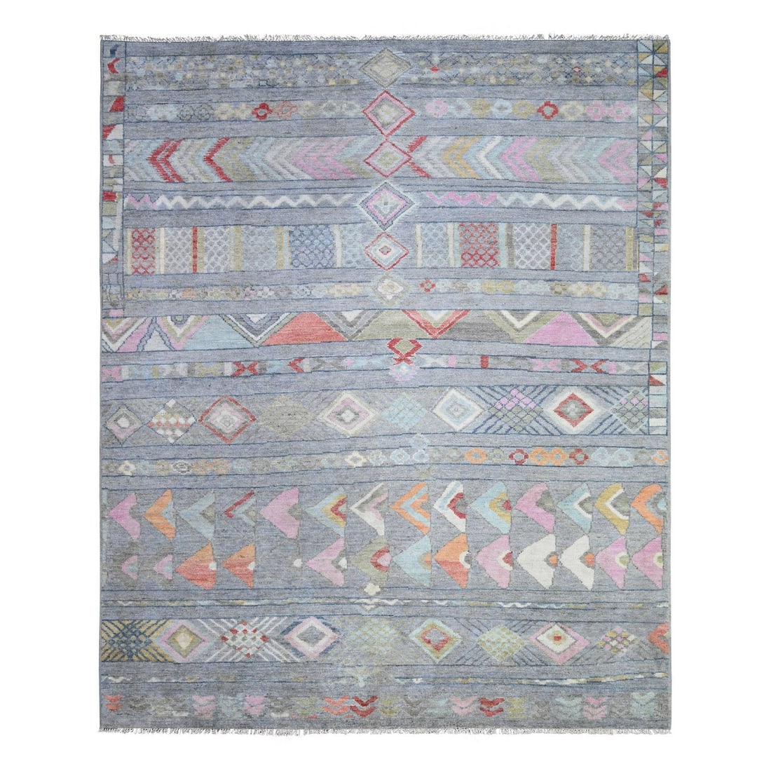 8'2"x9'8" Gray Wool Hand Knotted Beni Ourain Moroccan Berber Design Rug: 8'2"x9'8" Gray Wool Hand Knotted Beni Ourain Moroccan Berber Design Rug The 8'2"x9'8" Gray Wool Hand Knotted Beni Ourain Moroccan Berber Design Rug boasts a stunning rectangular field with intricate, 
