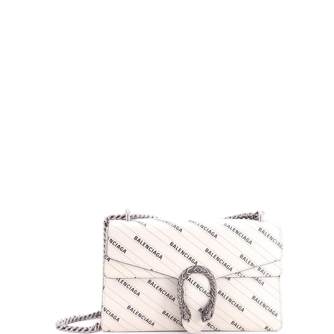 Hacker project small bag logo printed leather gucci balenciaga dionysus: Hacker project small bag logo printed leather gucci balenciaga dionysus Small bag with Gucci and Balenciaga logo printed leather exterior, featuring neutral colors and aged silver hardware. The Dionys