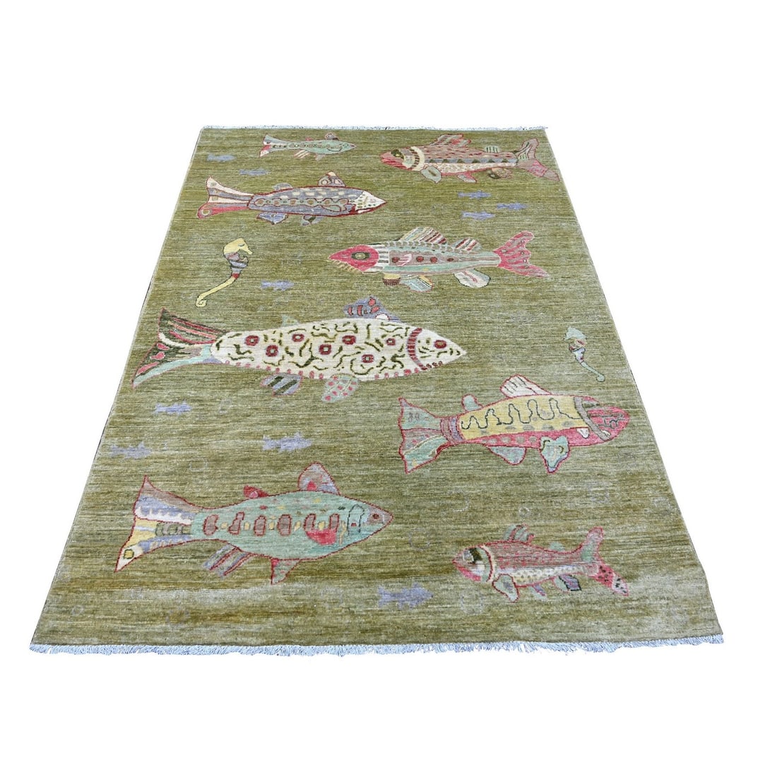 5'x6'10" Swamp Green Afghan Peshawar Fish Design Hand Knotted Wool Rug: 5'x6'10" Swamp Green Afghan Peshawar Fish Design Hand Knotted Wool Rug Hand-knotted in traditional Peshawar style, this stunning Swamp Green Afghan rug boasts an intricate fish design against a vibran