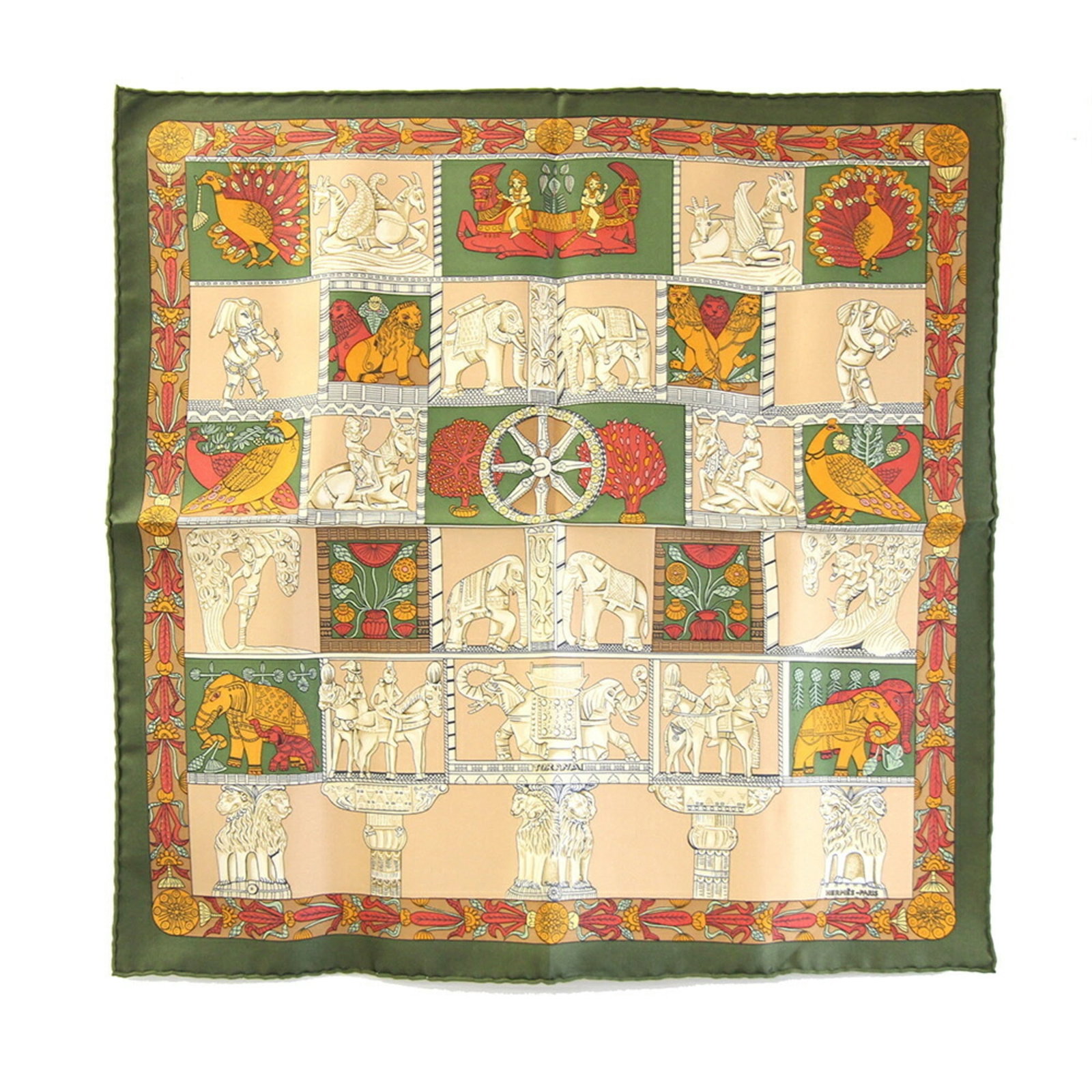 Hermes Silk 100% Scarf: Hermes Silk 100% Scarf Silk fabric, 42cm x 42.5cm in size, made from 100% silk material, with a beige color and available in green and khaki options. This Hermes scarf features the brand's signature c