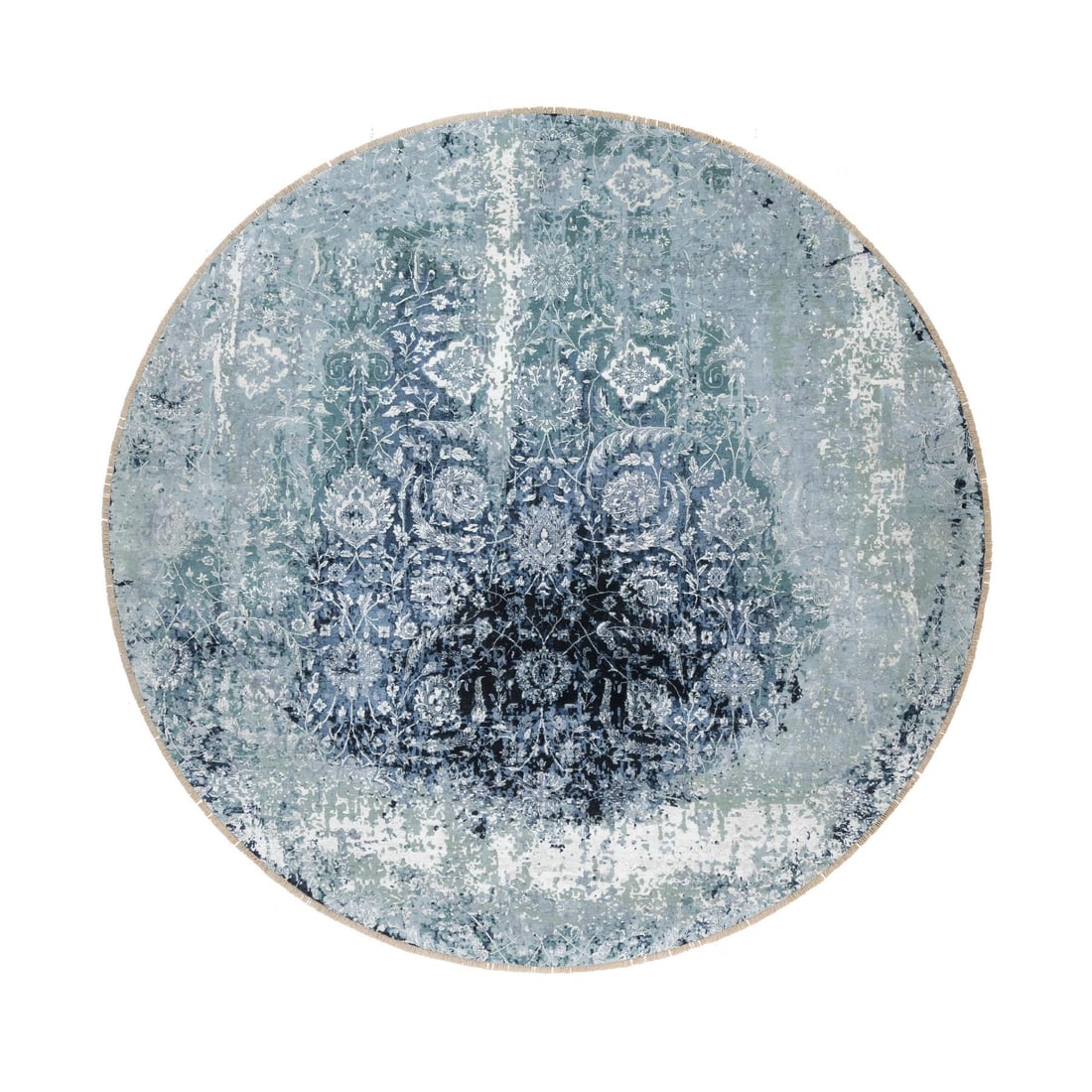 Gray Tebraz Design Wool Silk Hand Knotted Round Oriental Rug: Gray Tebraz Design Wool Silk Hand Knotted Round Oriental Rug Silk and wool blend in a stunning grey hue, creating a sophisticated look for any room. This hand-knotted oriental rug boasts an intricate 