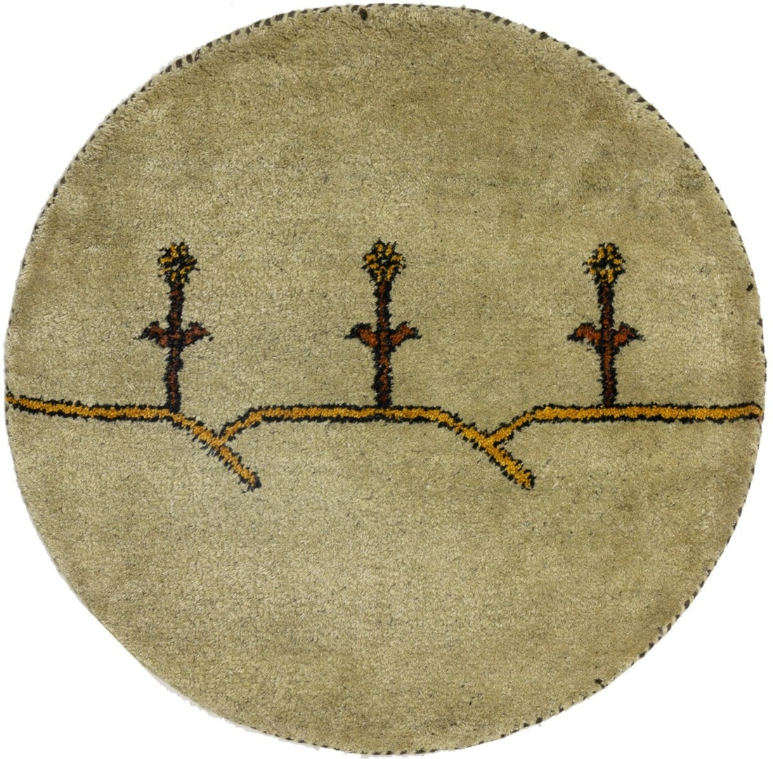Handmade Tribal Pictorial Round Rug Indo-Gabbeh Wool Oriental Carpet 3X3 Ft Hand-Knotted: Handmade Tribal Pictorial Round Rug Indo-Gabbeh Wool Oriental Carpet 3X3 Ft Hand-Knotted Hand-knotted with high-quality Indo-Gabbeh wool, this stunning 3x3 ft round rug boasts intricate striped tribal