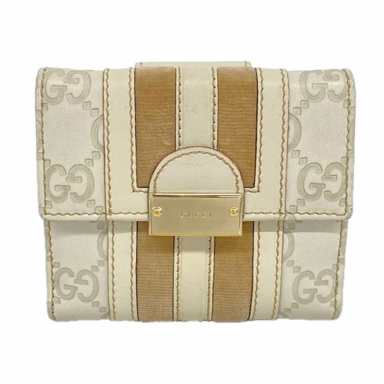 Gucci bi fold leather wallet: Gucci bi fold leather wallet Gucci's bi-fold leather wallet boasts sleek design and premium materials, with its beige color adding a touch of sophistication. Measuring 9cm x 10.5cm x 2.5cm, it offers 