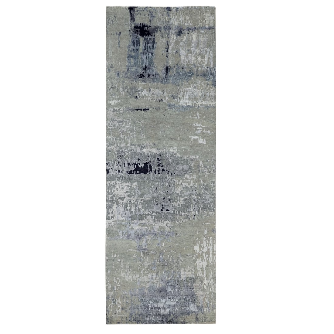 4'x10' Wool-Silk Silver Modern Abstract Design Hand Knotted Runner Rug: 4'x10' Wool-Silk Silver Modern Abstract Design Hand Knotted Runner Rug Silk and wool blend in a modern abstract design, creating a unique and sophisticated look. Hand-knotted with intricate details, t